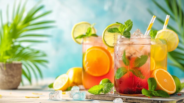 té helado y limonada de cítricos en vasos o frascos bebidas alcohólicas de playa de frutas Generativo Ai