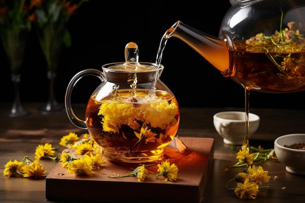 El té helado se prepara en una tetera de vidrio con un té de flores en flor