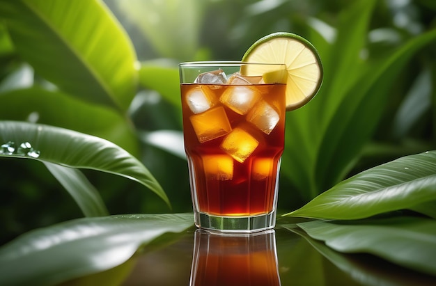 Té helado en vaso Bebida de verano refrescante entre las hojas de la jungla