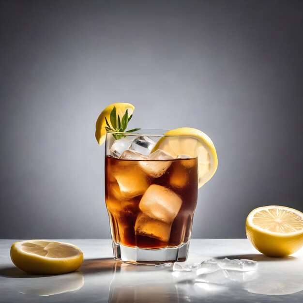 Té helado en un vaso con hielo y limón en fondo mixto