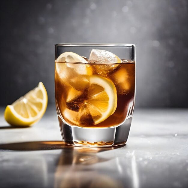 Té helado en un vaso con hielo y limón en fondo mixto