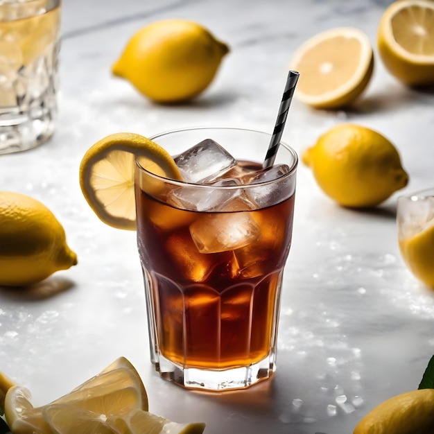 Té helado en un vaso con hielo y limón en fondo mixto