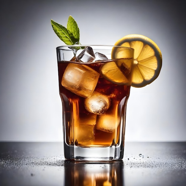 Té helado en un vaso con hielo y limón en fondo mixto