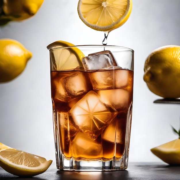 Té helado en un vaso con hielo y limón en fondo mixto