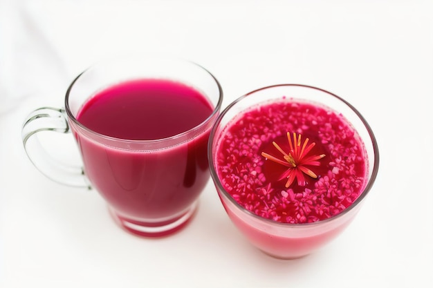 Té de hibisco en una taza de vidrio transparente con flores de rosas IA generativa