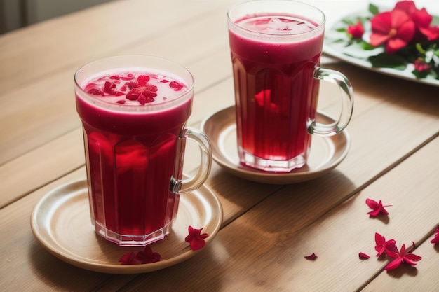 Té de hibisco en una taza de vidrio transparente con flores de rosas IA generativa