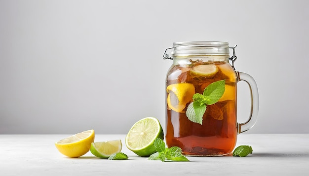 Té con hielo en frasco de vidrio servido con limas, limones y menta sobre un fondo de textura blanca