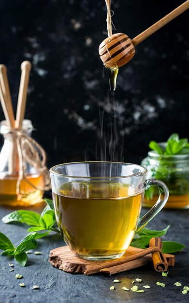 Té de hierba verde de montaña griego en taza de vidrio servido con miel y lukum en la oscuridad