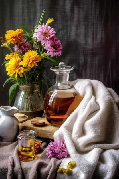 Té de hierbas y flores frescas cerca de una toalla esponjosa y una bata creadas con ai generativo