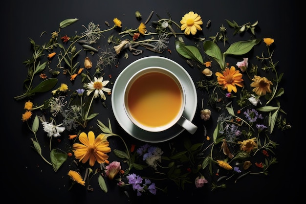 Té con hierbas y flores en una taza.