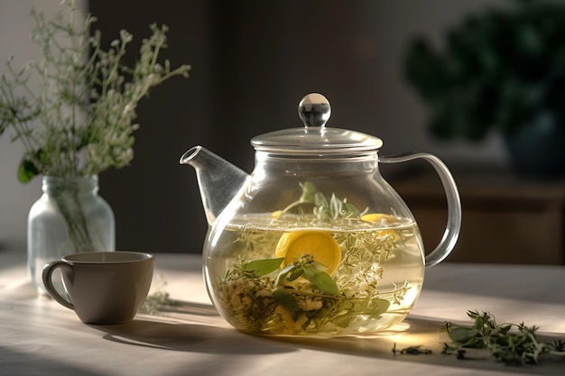 Foto té de hierbas con flores en tetera de vidrio sobre la mesa ai generado