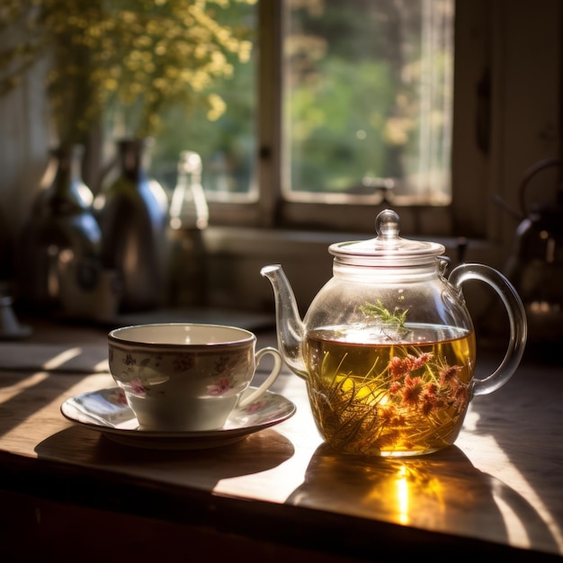 Té de hierbas frescas en la cálida luz de una casa de campo