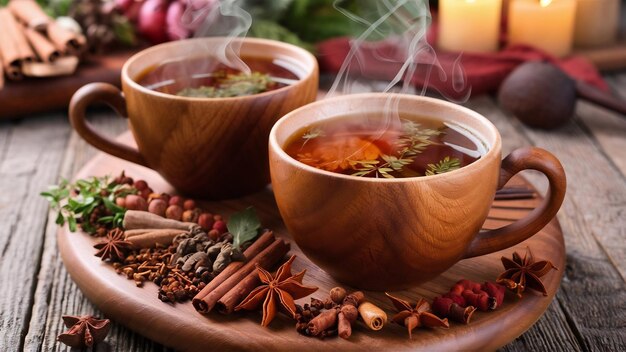 Té de hierbas de invierno en tazas con especias en una tabla de madera