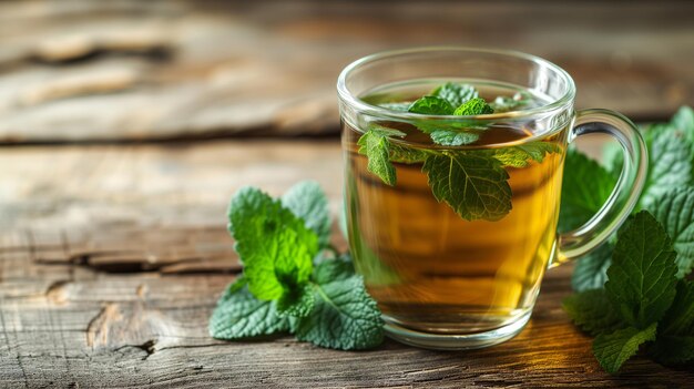 Foto té de hierbas con melisa en una taza de vidrio y una tetera