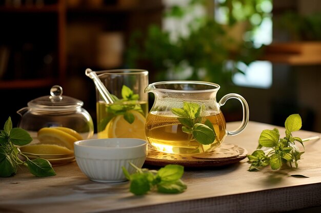 Foto té de hierbas con melisa en una taza de vidrio y una tetera