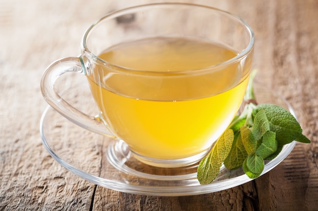 Té de hierbas de salvia con hoja verde en vaso de vidrio