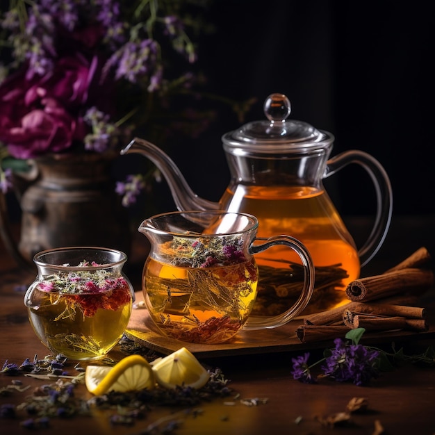 Té de hierbas en una tetera de vidrio y una taza en una mesa de madera