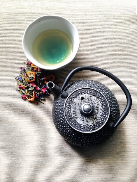 Té de hojas y olla de té de hierro fundido