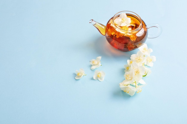 Té de jazmín en tetera de vidrio sobre fondo azul.