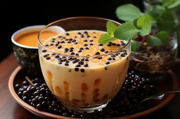 Foto té de leche con azúcar marrón con perlas de azúcar marrón