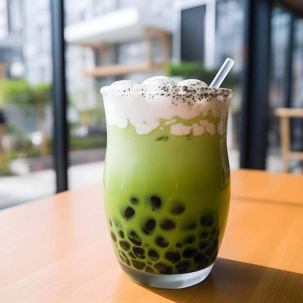 Té con leche de burbujas Matcha latte helado con perlas de tapioca de café en una taza transparente con pajita para beber Té verde con leche vegana Postre y bebida de Taiwán en la mesa de café Geberative AI