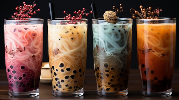 Té de leche con burbujas Té de leches de perlas en fondo oscuro Bebidas sabrosas Diseño de plantillas de menú Restaurante o cafetería Menú de bebidas folleto