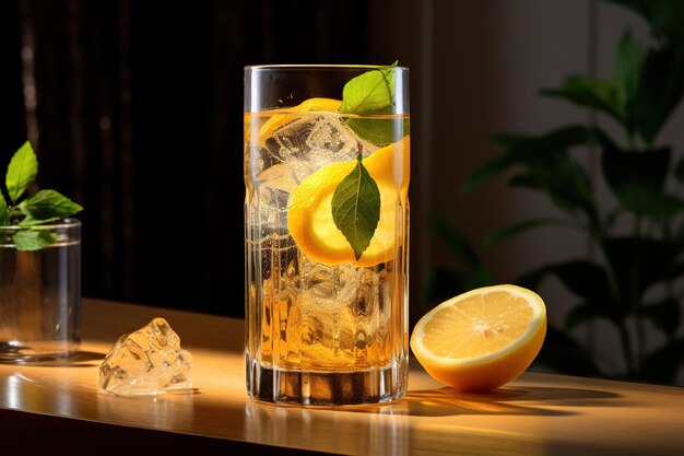 Té de limón fresco en un vaso largo con hielo al lado de una rodaja de limón