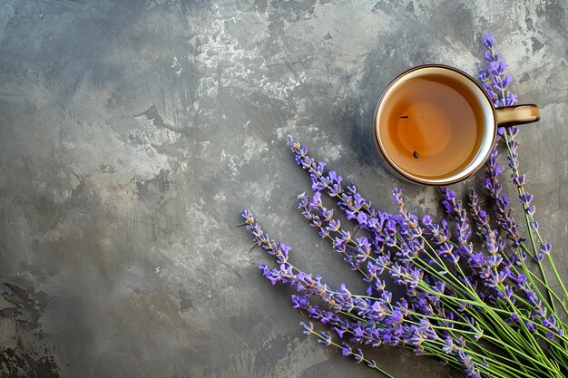 Té de la mañana con ramo de lavanda en una mesa de piedra