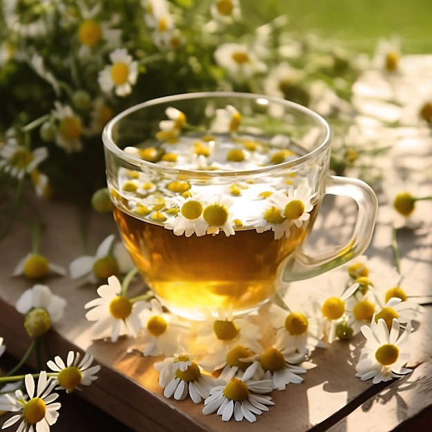 Té de manzanilla a base de hierbas en una taza de vidrio con flores de manzanilla en una mesa de madera a la luz del sol bebidas saludables