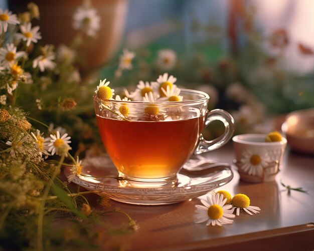 té de manzanilla con flores