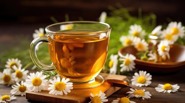 Té de manzanilla en una taza de cristal transparente rodeada de flores.