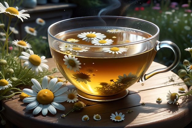 té de manzanilla en una taza de vidrio con flores