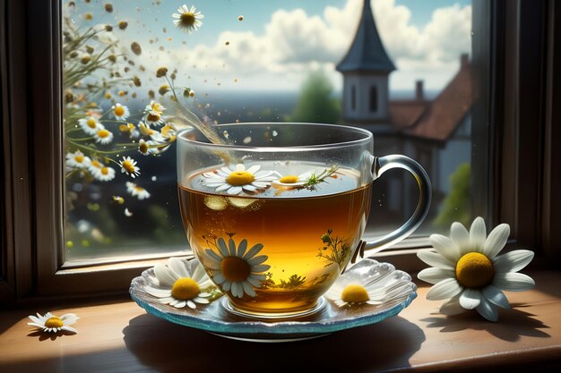 té de manzanilla en una taza de vidrio con flores