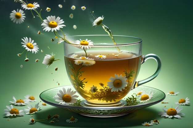 té de manzanilla en una taza de vidrio con flores