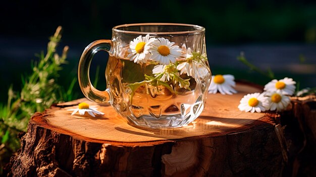 té de manzanilla en un tronco de madera