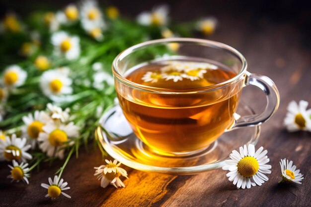 Té de manzanilla útil en una taza transparente con pequeñas flores de manzanillas naturales