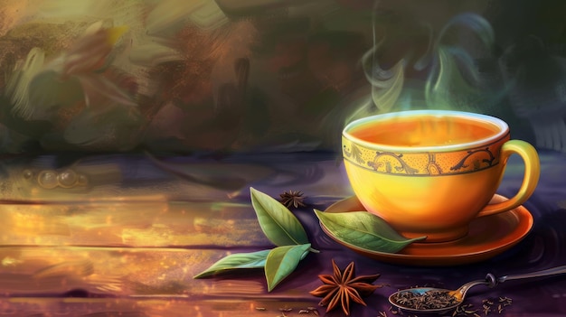 té de masala caliente en taza liberando humo