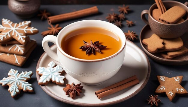 Té de masala en taza de cerámica con especias de invierno y galletas de pan de jengibre