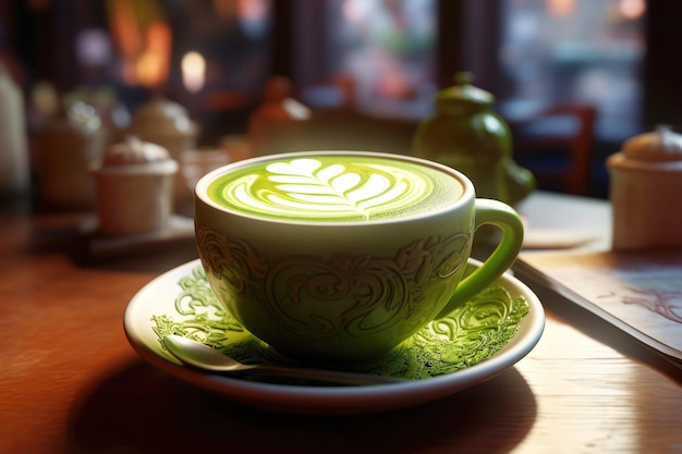 Té matcha latte en una mesa de madera