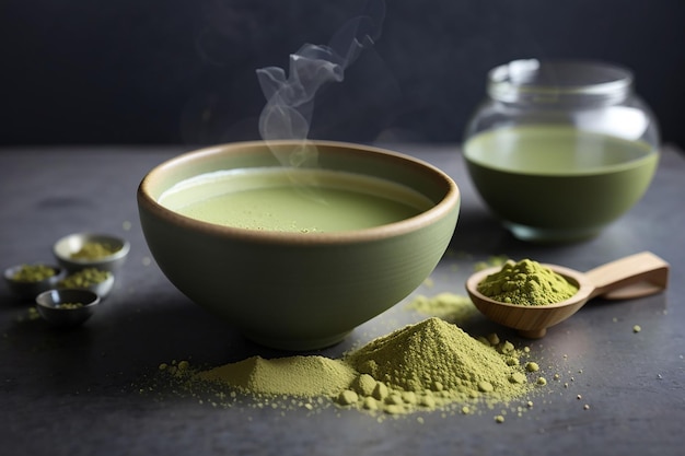 Té matcha en taza con polvo