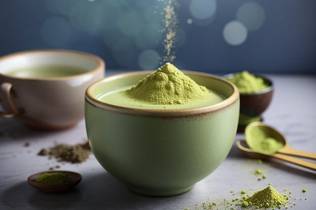 Té matcha en taza con polvo