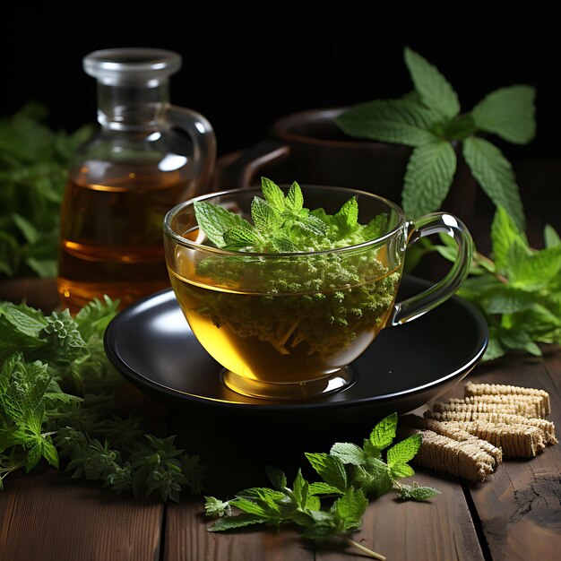 Foto té de menta en una taza de vidrio sobre un fondo de madera oscura té verde