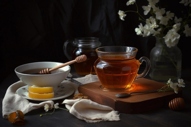 Té con miel Desayuno o cena tradicional AI Generado