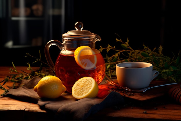 Té con miel y limón Un tarro de miel en la mesa cerca del té.