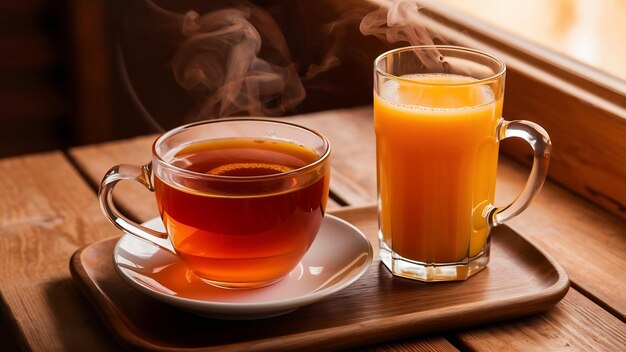 Té de naranja caliente y naranja fresca en la mesa