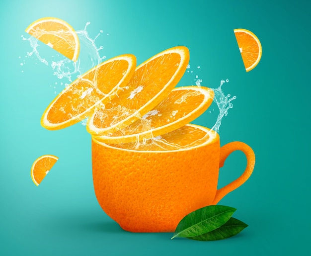 Té de naranja salpicando concepto creativo para cartel volante pancarta Jugo de naranja fresco o té