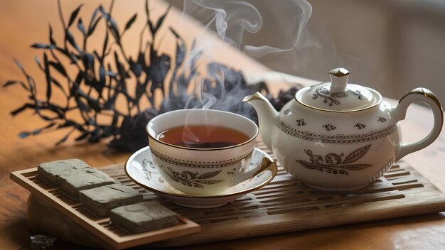 Té negro en tetera y taza con vista lateral de ladrillo de té seco en una superficie de madera