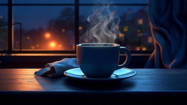 Foto té por la noche hora azul acogedor