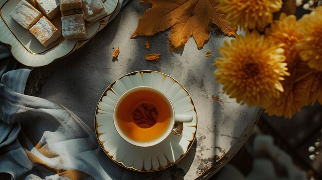 El té de otoño con la luz dorada del sol y los pasteles delicados