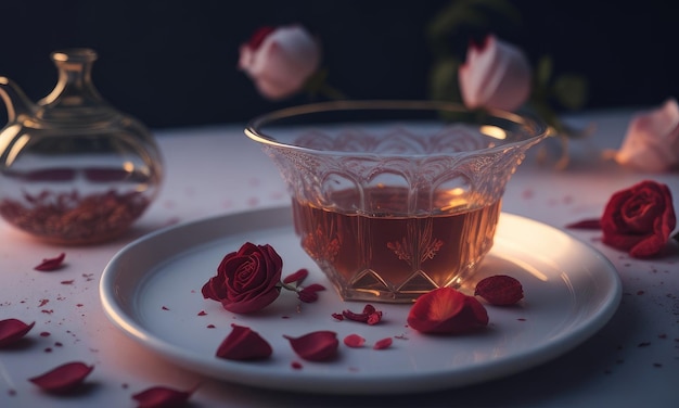 Té con pétalos de rosa en la mesa